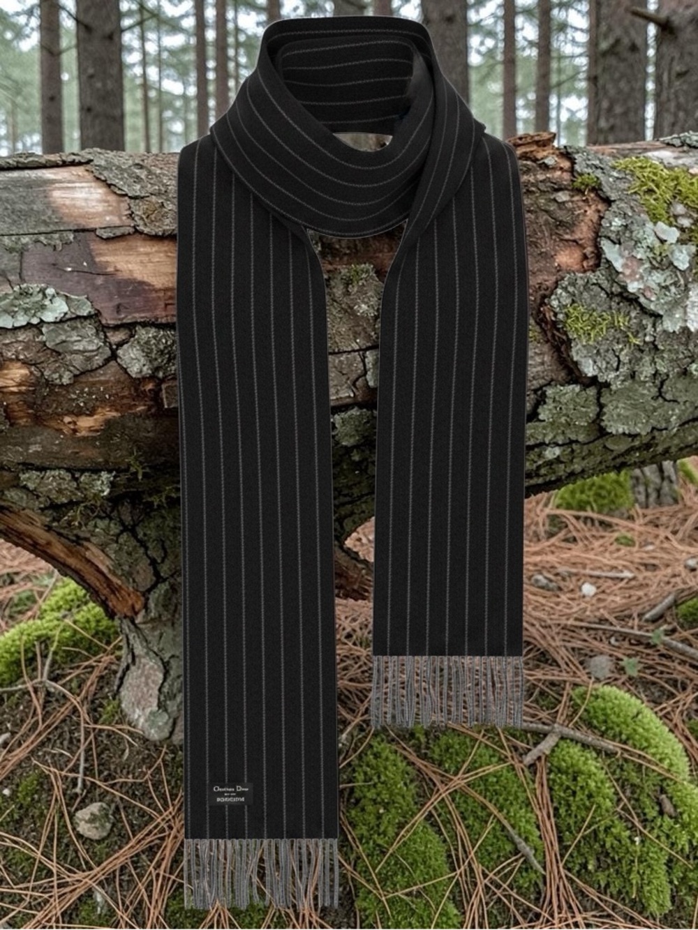 Dior Men’s Black Scarf with Red and Gray Pinstripes